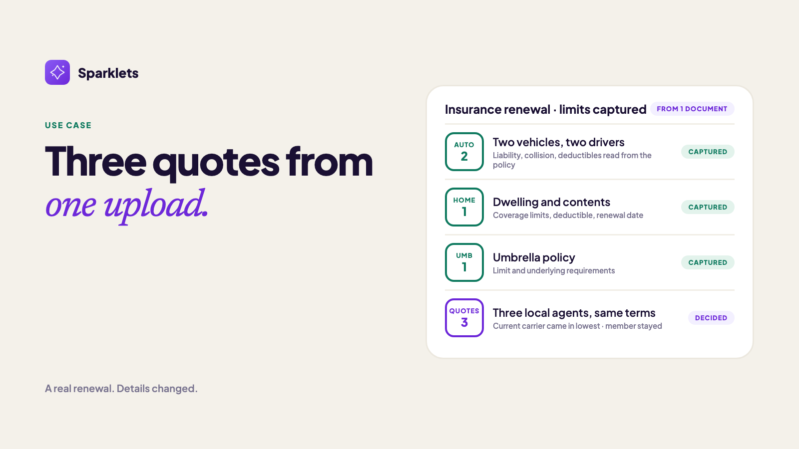 Auto, home and umbrella limits captured from one uploaded policy, three quotes requested
